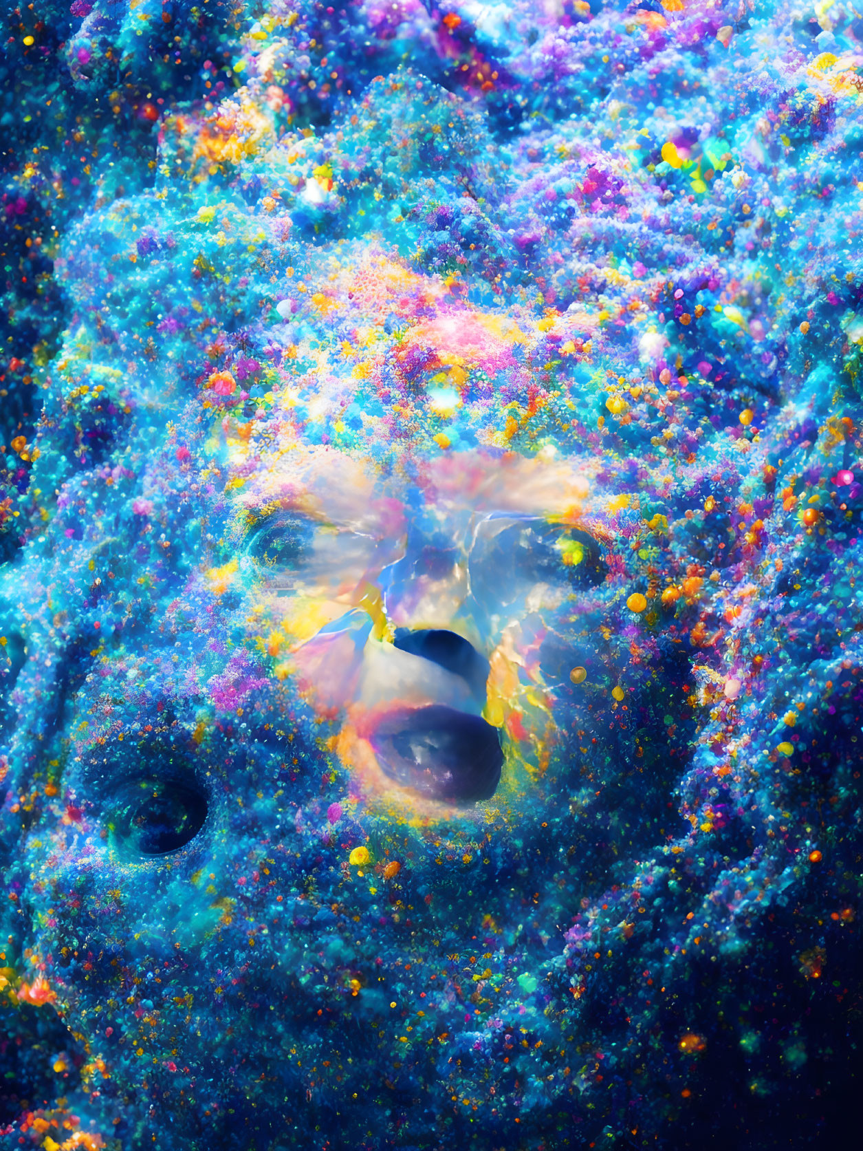 Colorful human face merges with cosmic galaxy motif in vibrant image.