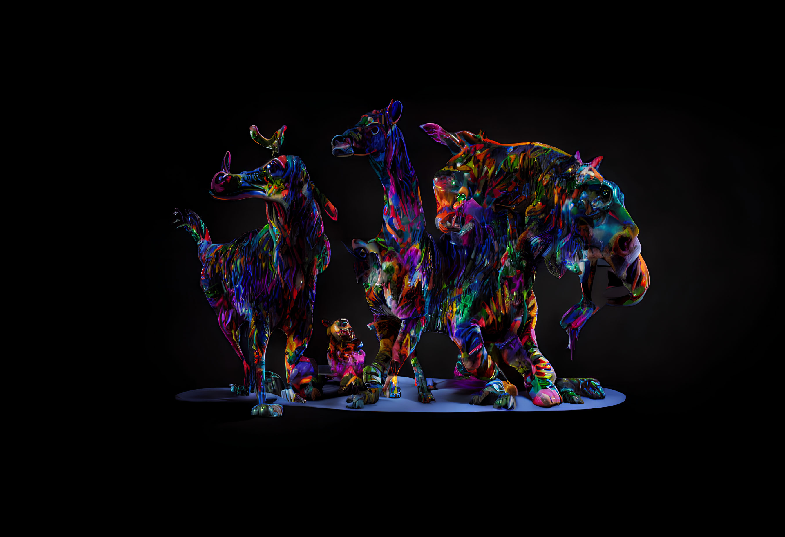 Vibrant neon animal paintings on black background