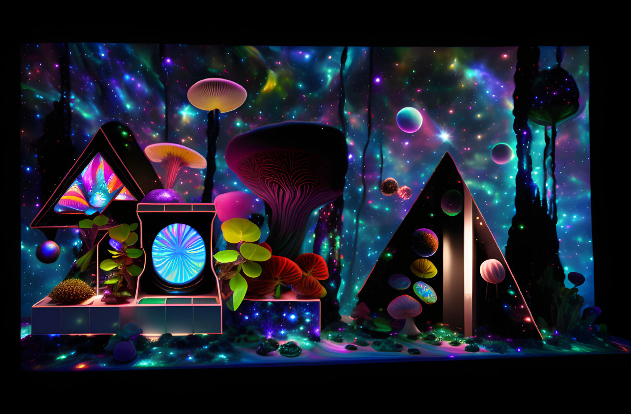 Colorful cosmic scene with glowing mushrooms, geometric shapes, orbs, and stars