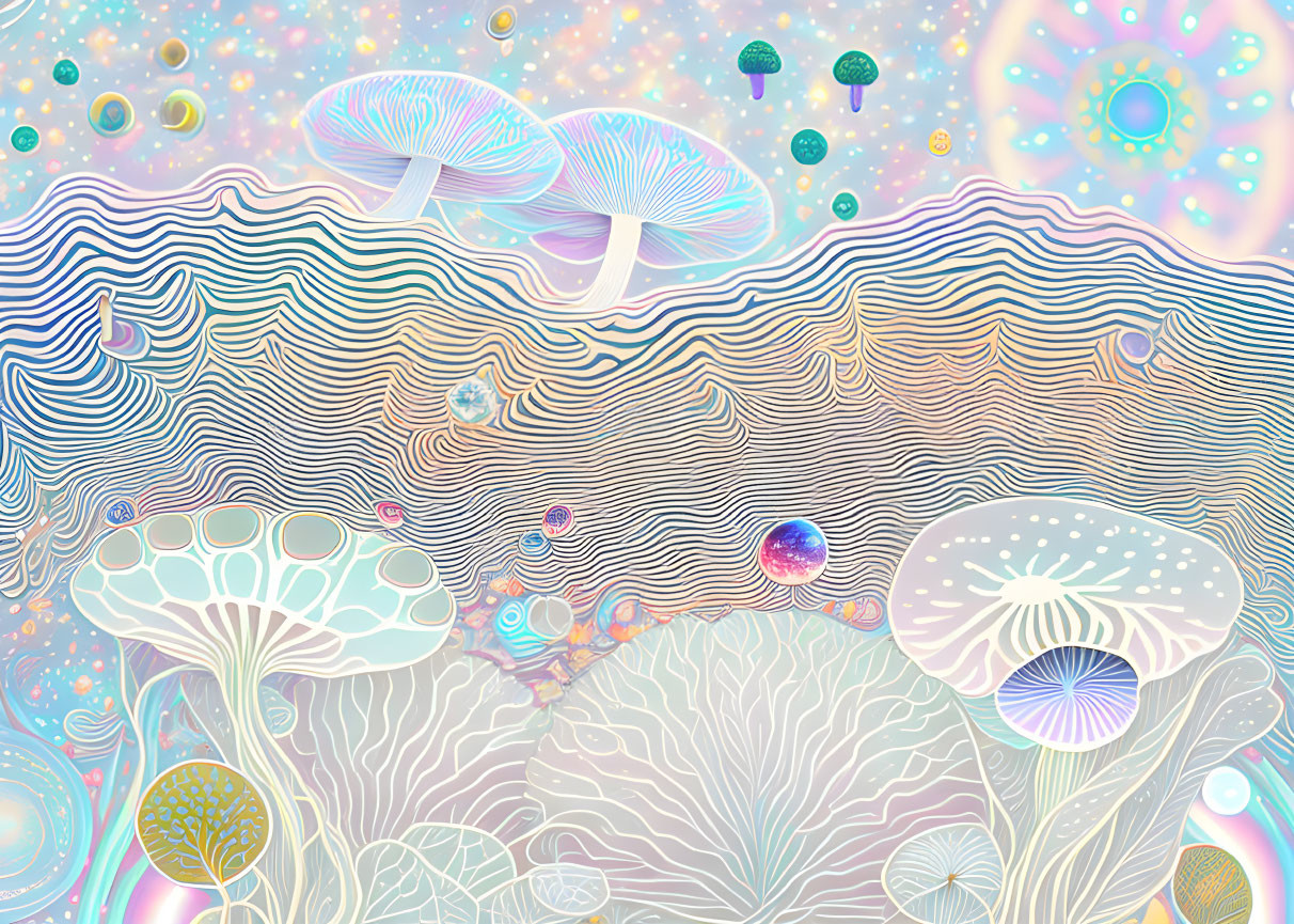 Colorful Psychedelic Mushroom and Wave Illustration with Abstract Shapes