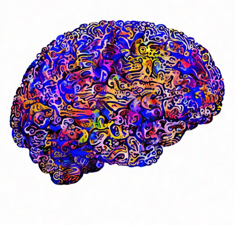 Vibrant abstract human brain illustration with colorful psychedelic pattern