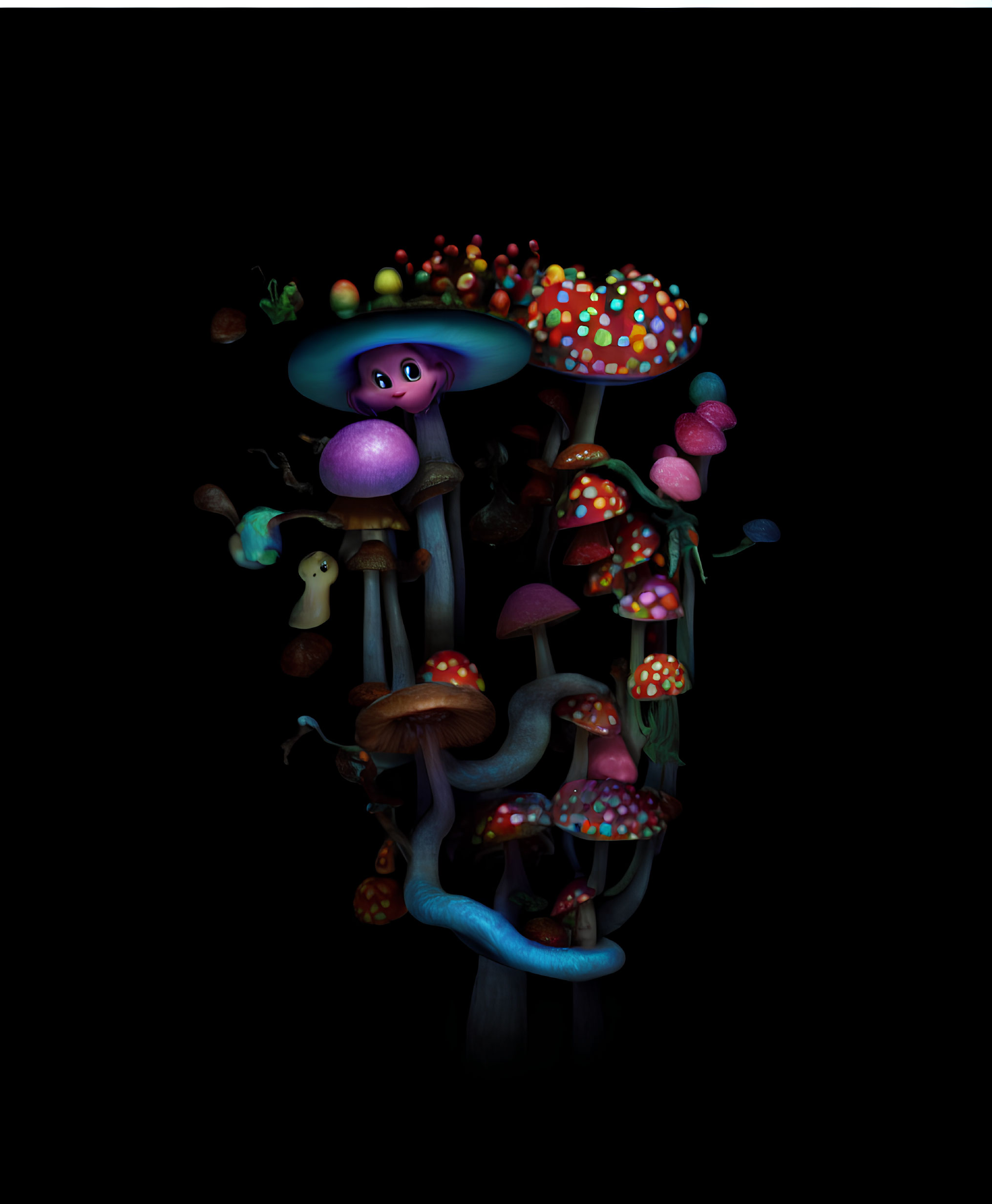 Colorful Stylized Mushroom Cluster on Dark Background