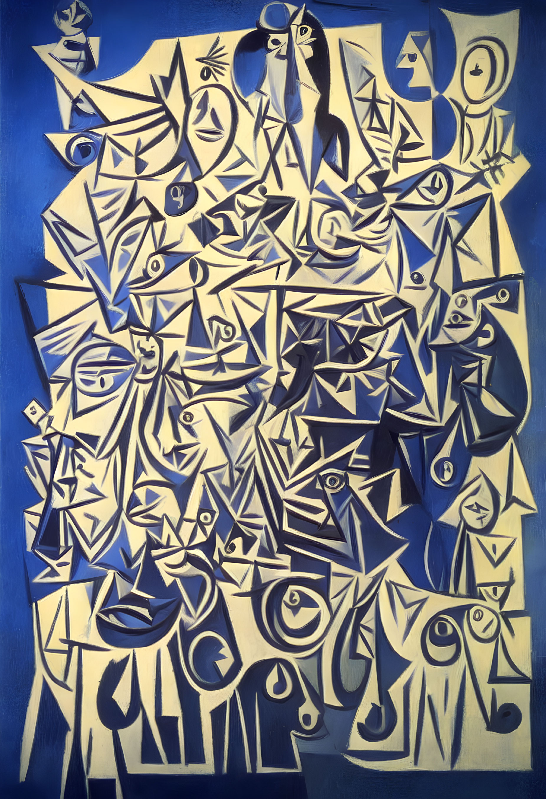 Blue and White Cubist Painting with Overlapping Shapes and Eyes