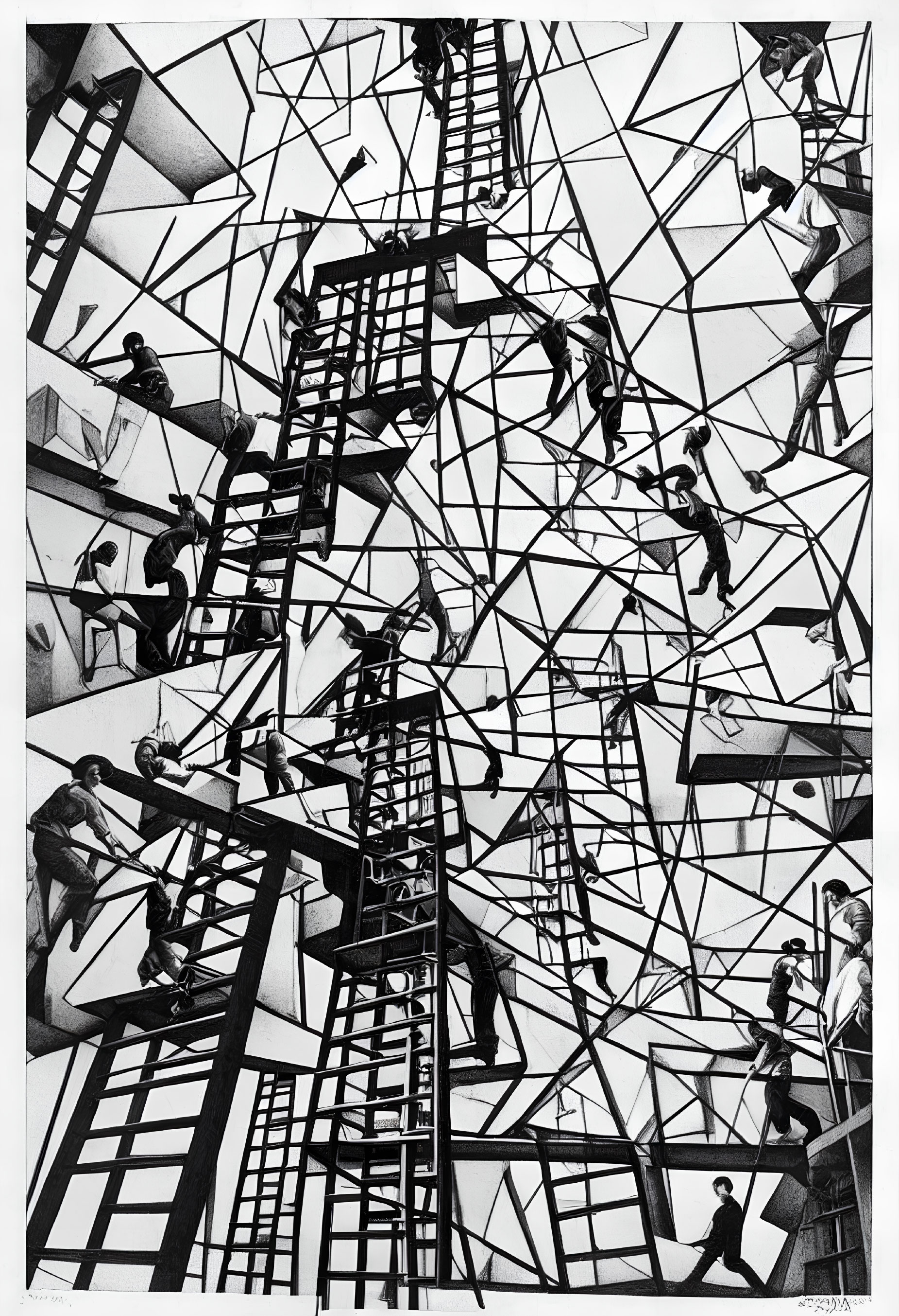 Monochrome artwork of individuals navigating geometric structure