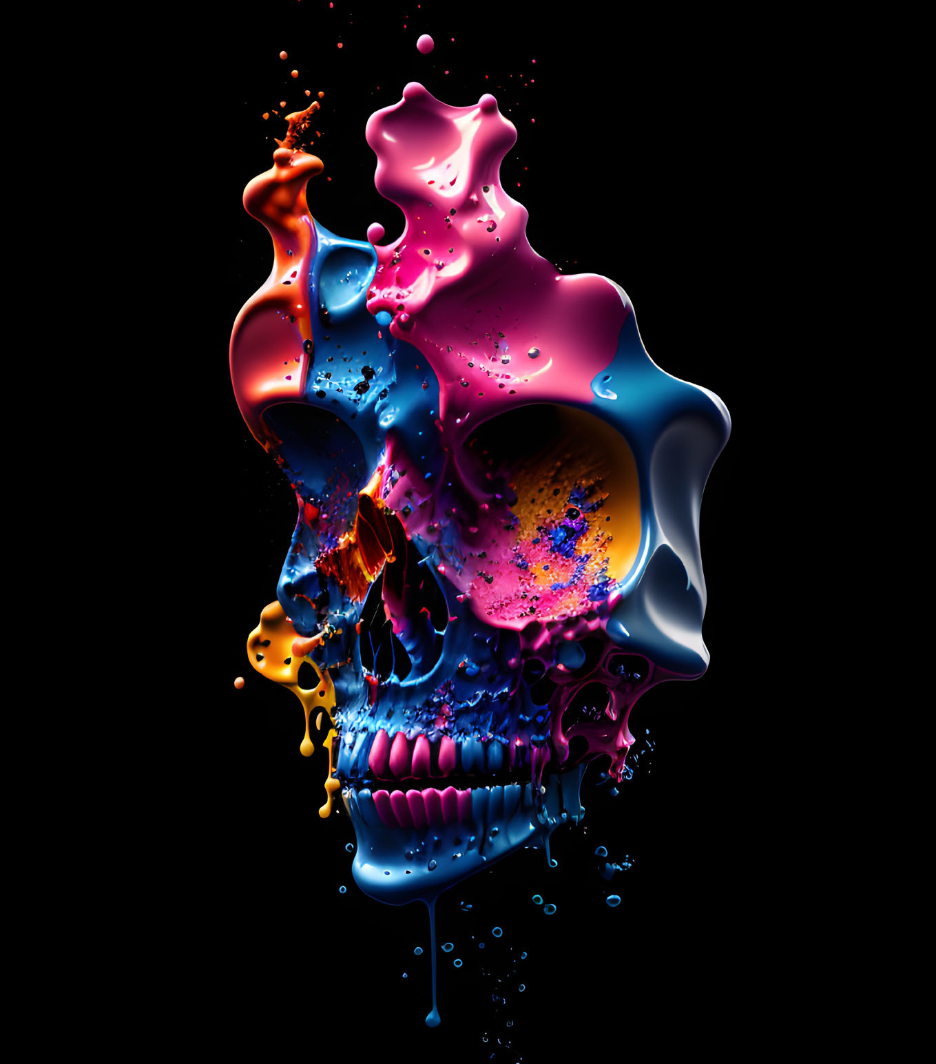 Vibrant digital skull art with pink, blue, and yellow splashes