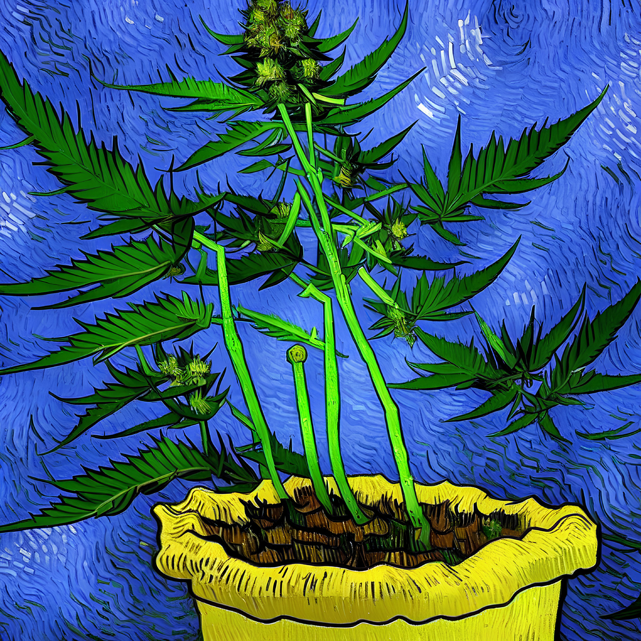 Stylized cannabis plant illustration in yellow pot with bold outlines