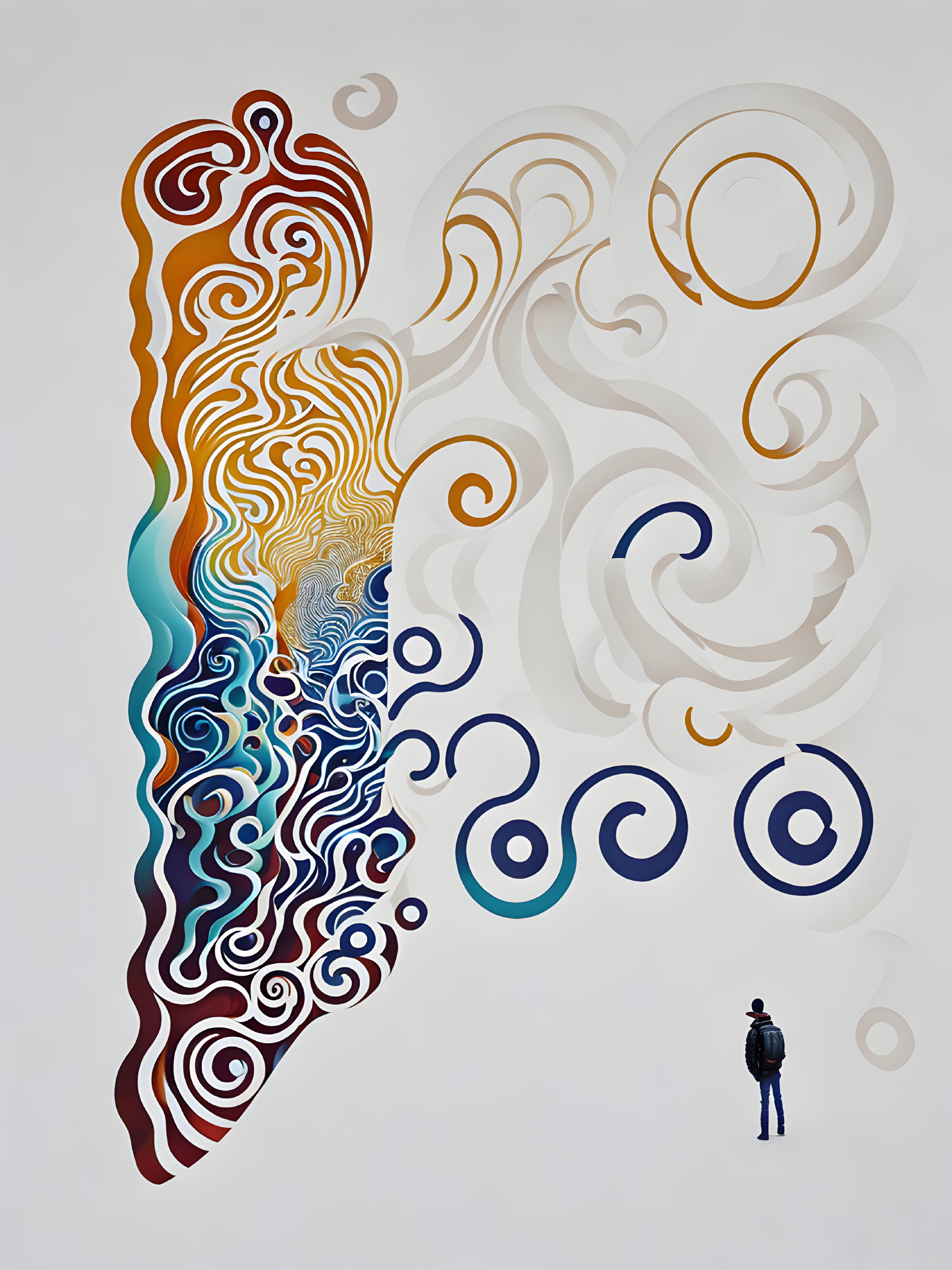 Man standing in front of abstract swirling orange, blue, and white art piece