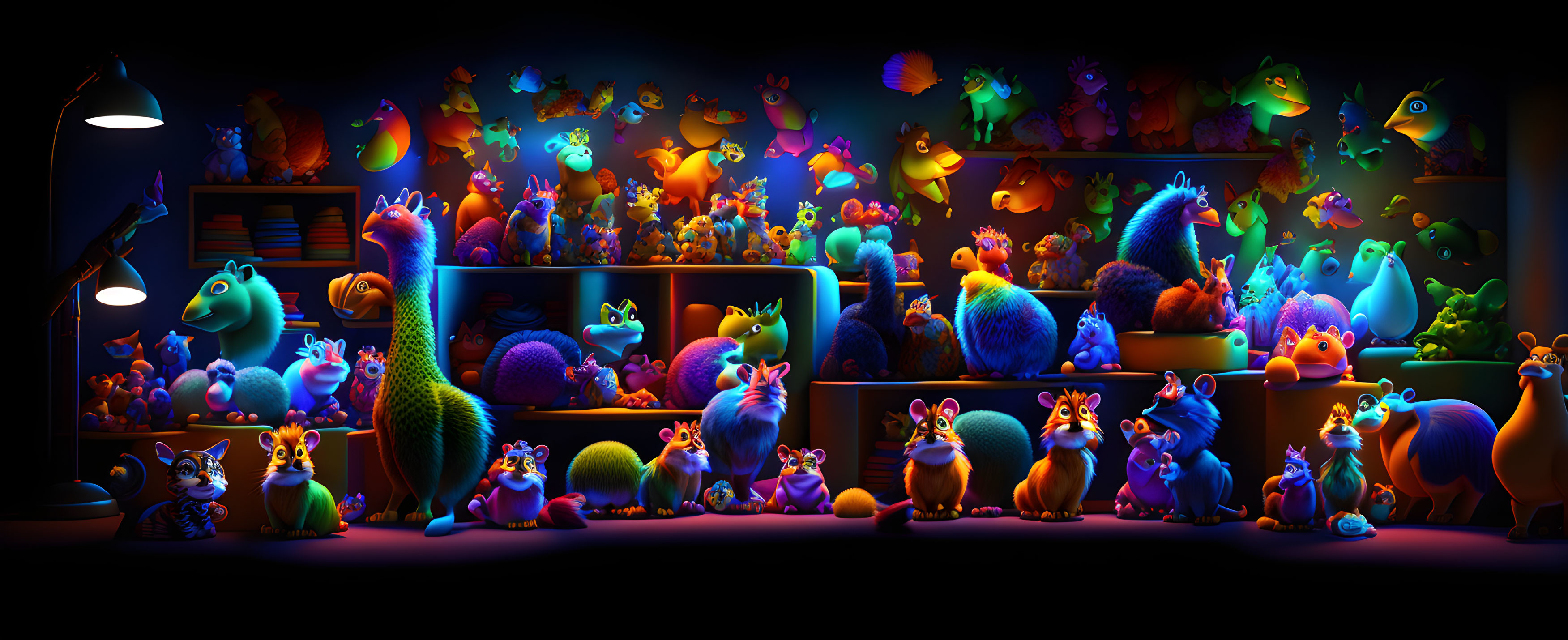 Colorful animated creatures in whimsical dark room