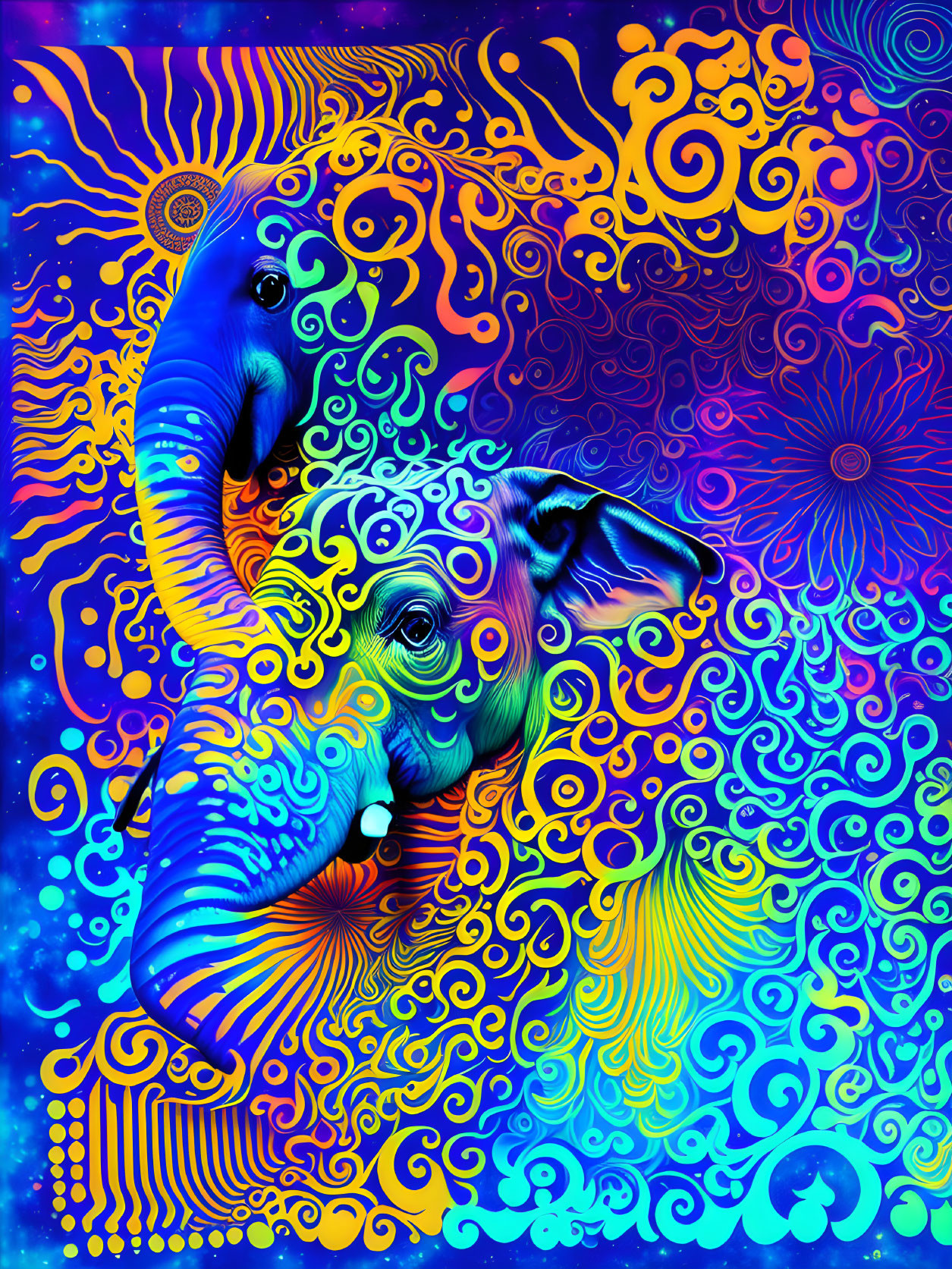 Colorful Psychedelic Elephant Illustration with Vibrant Patterns