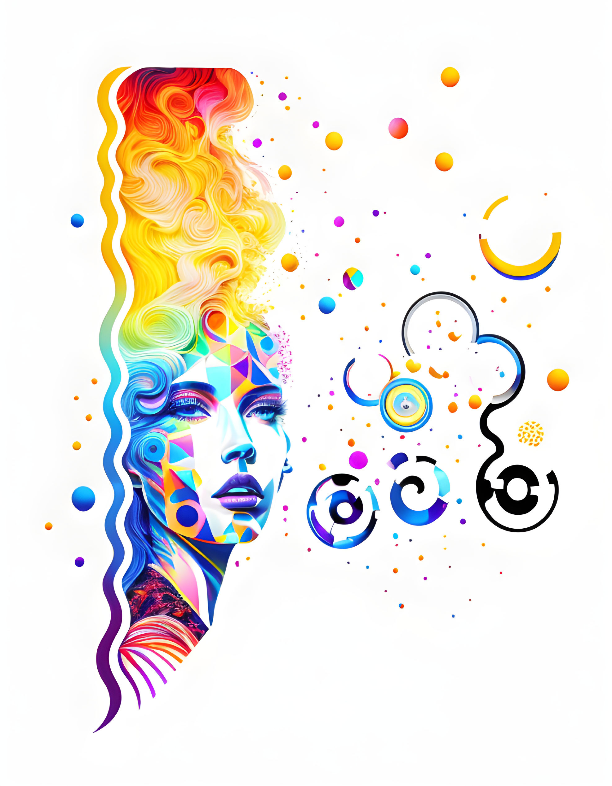 Colorful Abstract Woman Profile Illustration with Flowing Hair and Whimsical Patterns