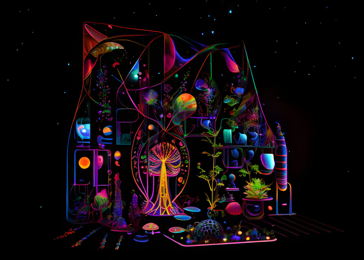 Surreal cosmic greenhouse with alien plants and celestial bodies