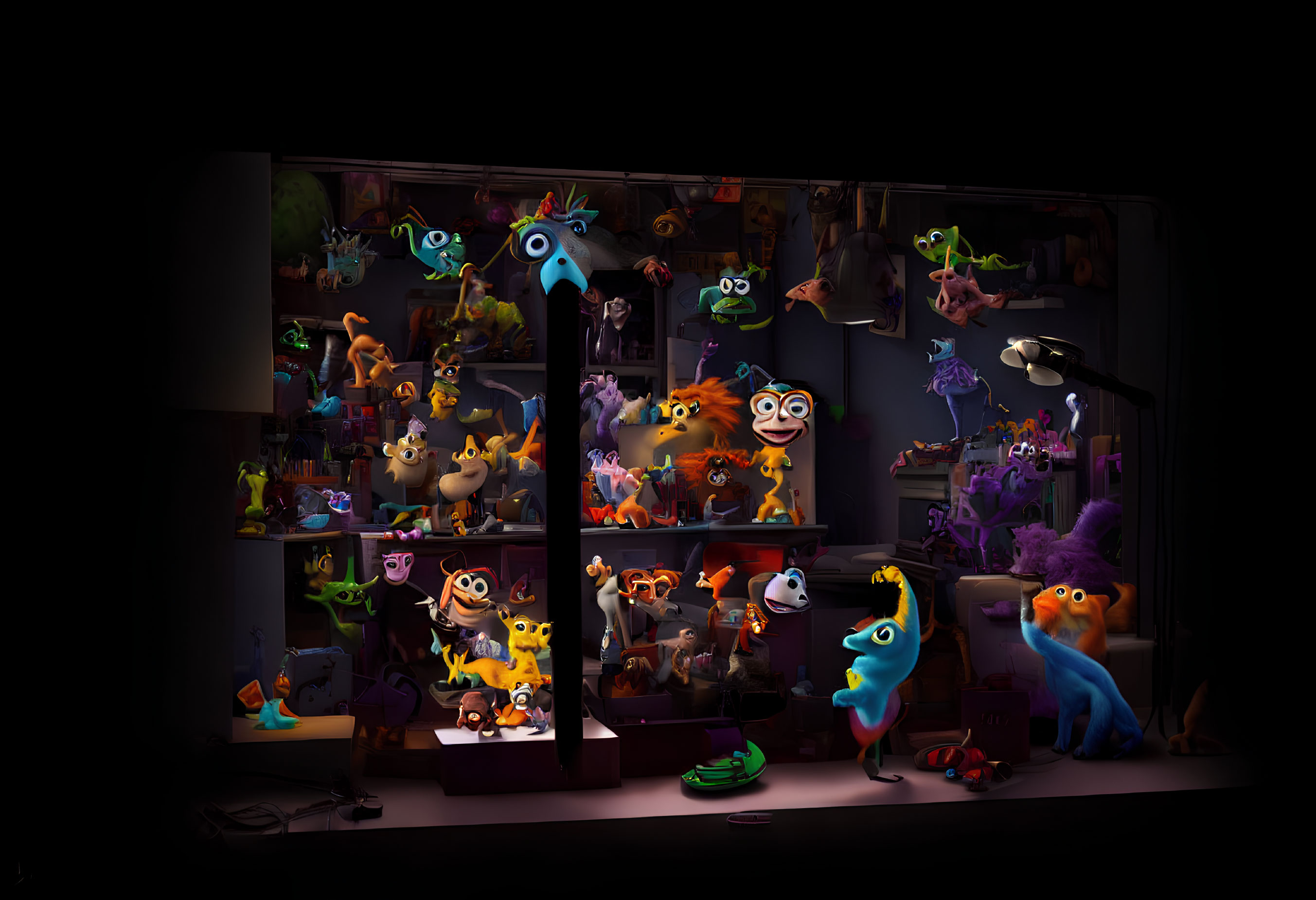 Colorful Monster Figurines and Toys in Illuminated Display Window