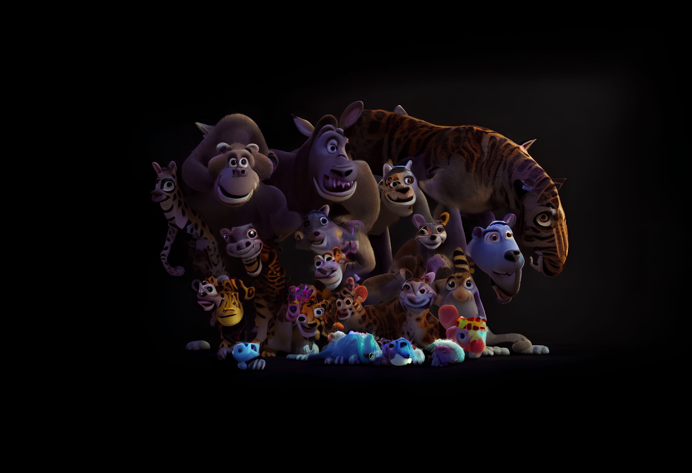 Animated Madagascar Movie Characters Posing Together on Dark Background