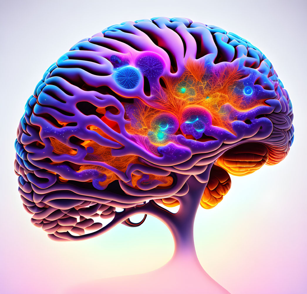 Colorful 3D illustration of human brain and neural activities