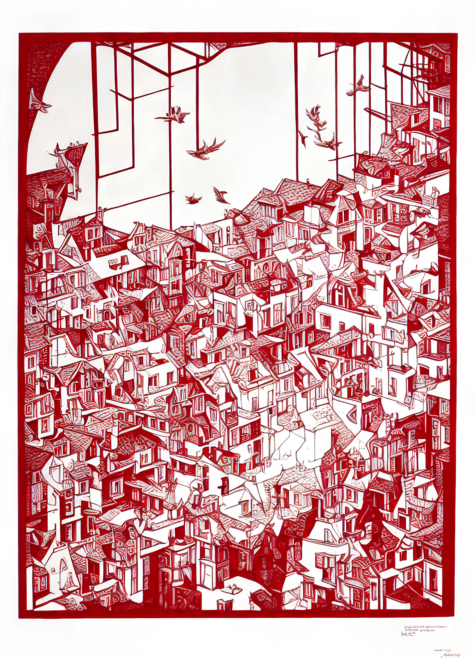 Monochromatic red and white whimsical house cluster with flying birds and cats