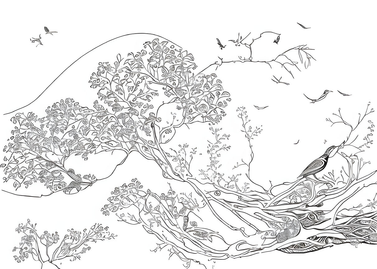 Detailed Line Drawing of Whimsical Tree with Birds and Peacocks