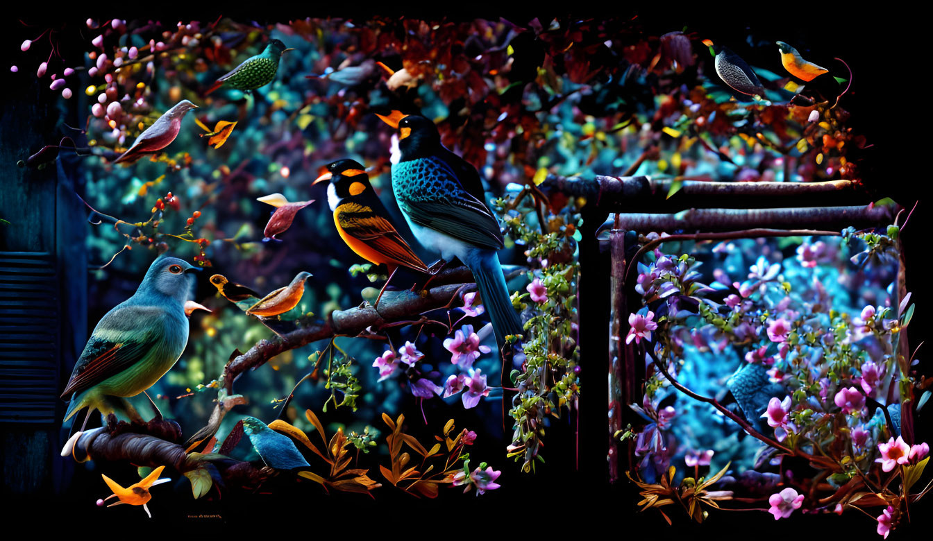 Colorful Bird Artwork Among Blossoms in Night Scene