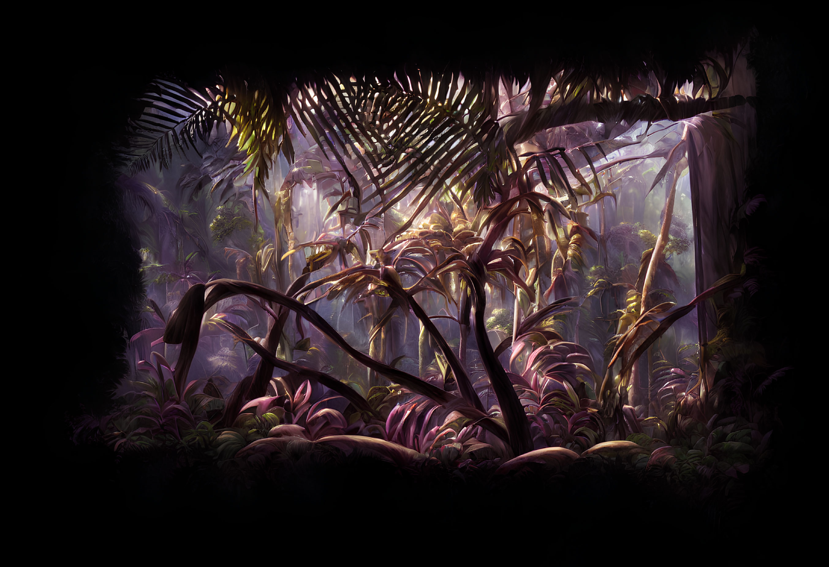 Enigmatic dimly lit forest with lush, colorful foliage