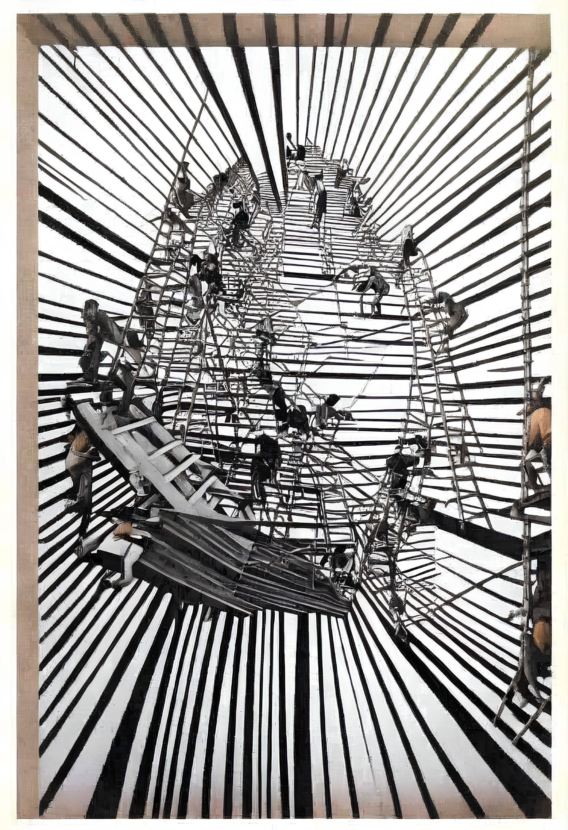 Monochrome optical illusion art with people and geometric ferris wheel.