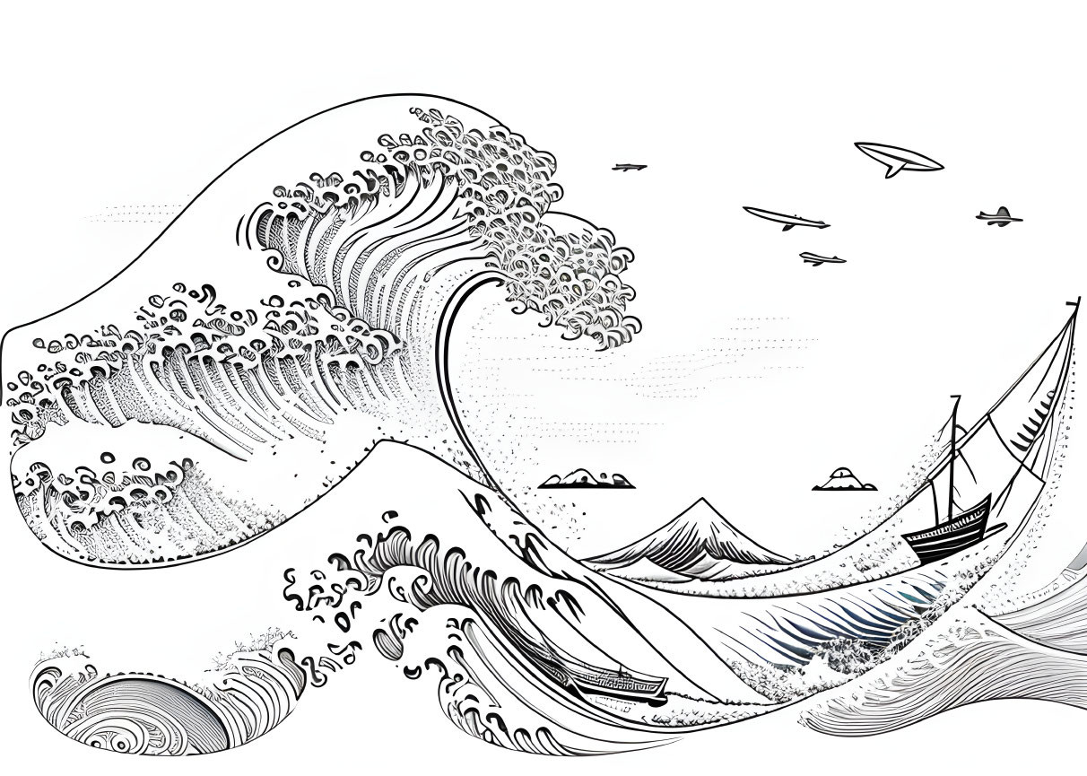 Detailed Monochrome Illustration of Giant Wave, Boats, and Birds