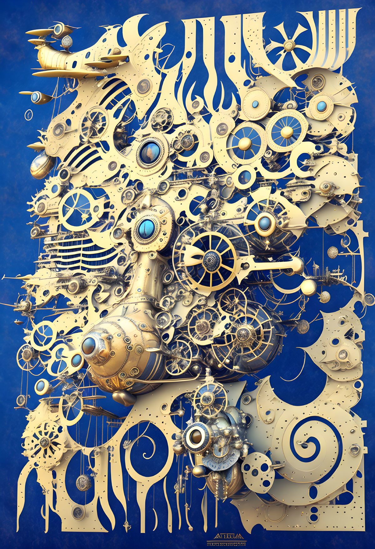 Detailed Steampunk Artwork: Gold, White, Gears, Coils, Mechanical Elements