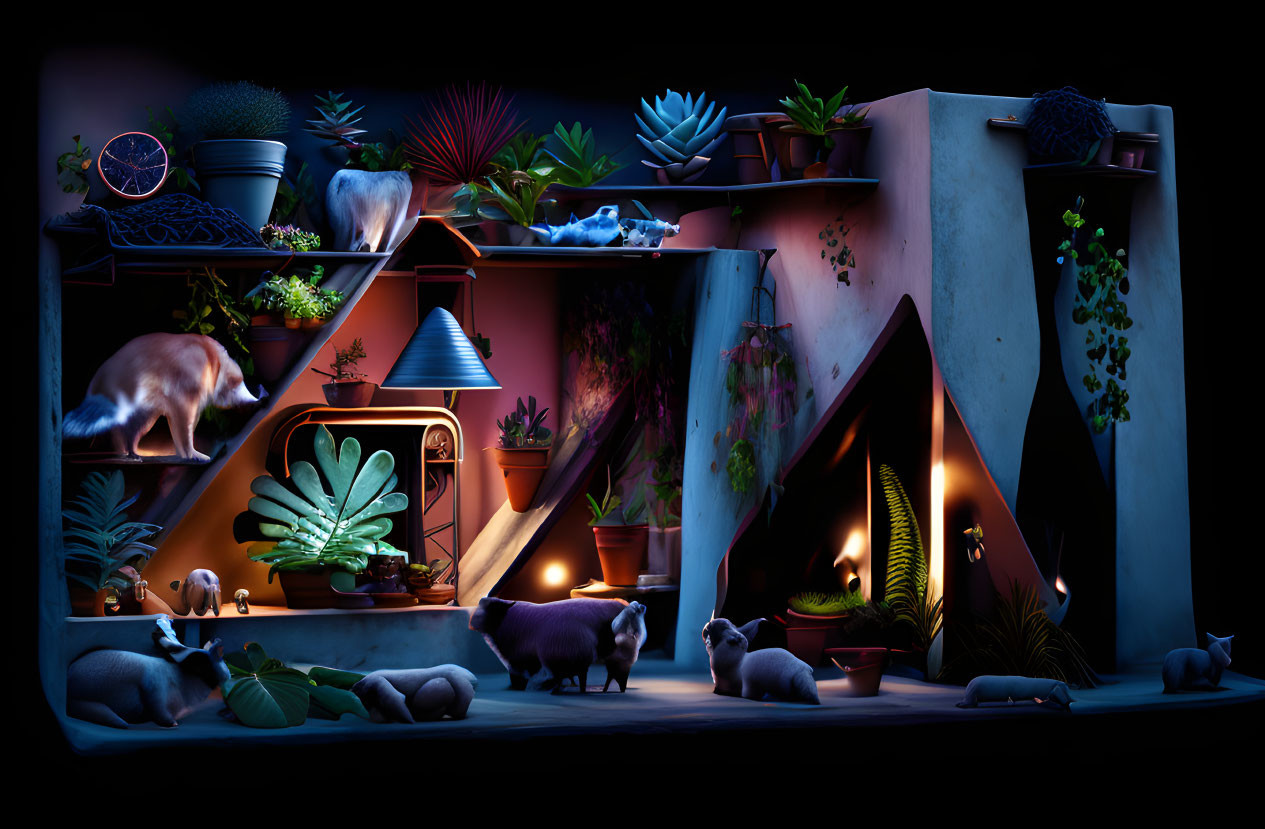 Geometric terraced garden with diverse plants, glowing lights, animals - foxes, sheep, bird