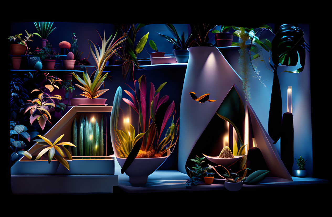 Stylized indoor garden scene: exotic plants, lit waterfall, geometric planter.