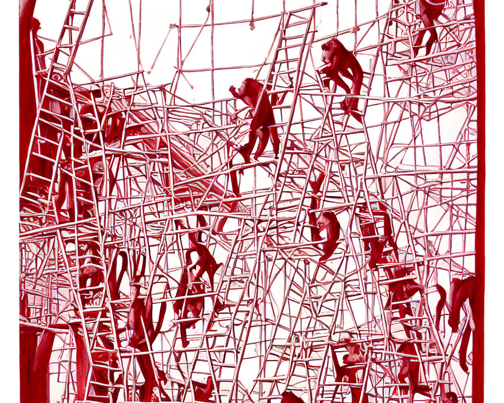 People navigating interconnected ropes and bars in red-tinted playground