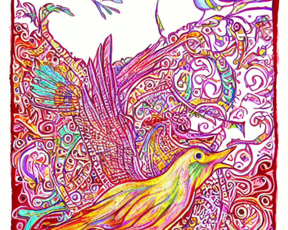 Colorful bird artwork with heart-shaped foliage and smaller birds