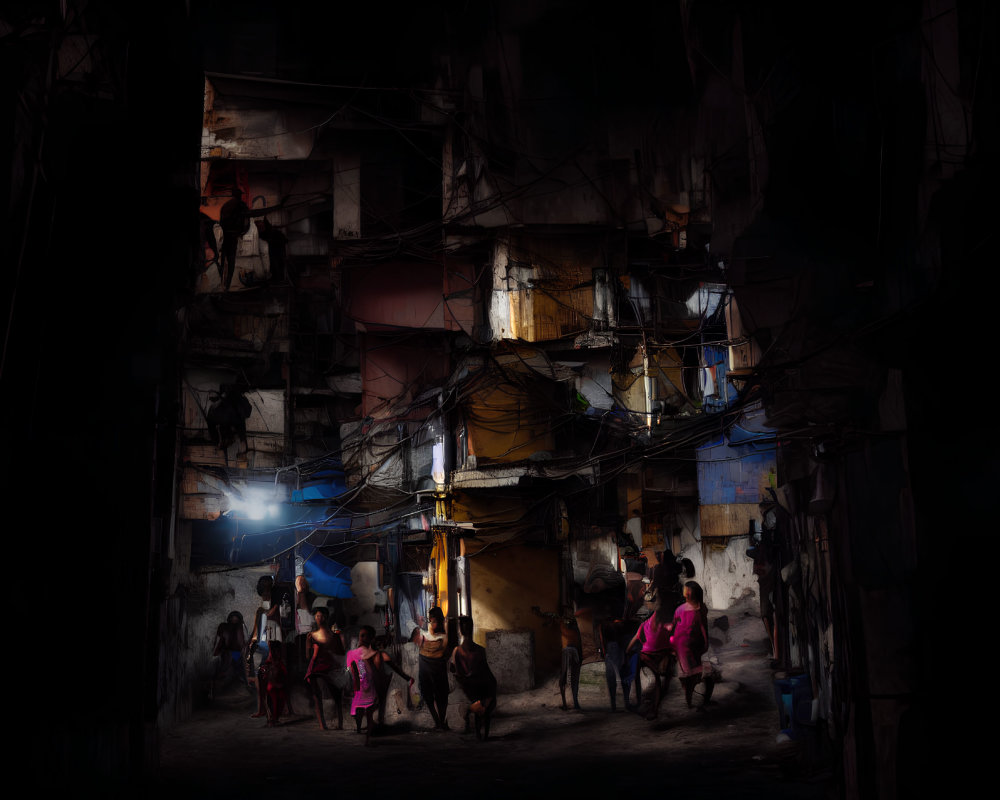 Urban Night Scene: Dimly Lit Alley with Playing Children & Hanging Clothes