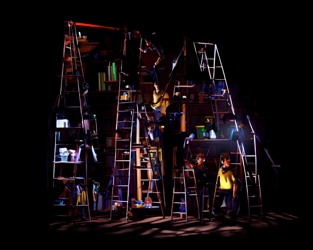 Scene of chaotic shelves with books, objects, and ladders, characters in action