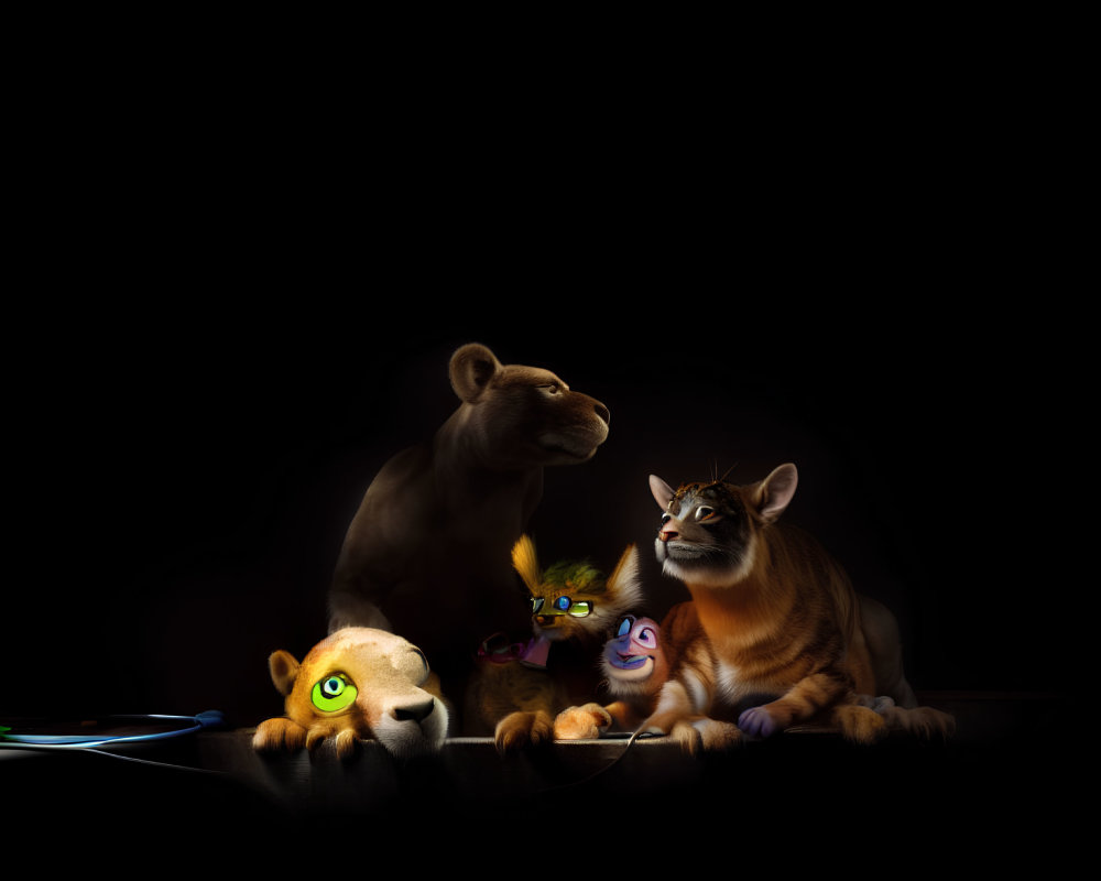 Adorable lion cub with glasses in group scene with meerkat, warthog, and lion