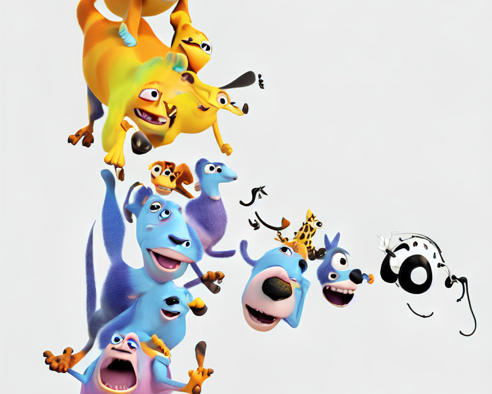 Vibrant animated monsters in playful pose, one flying at front