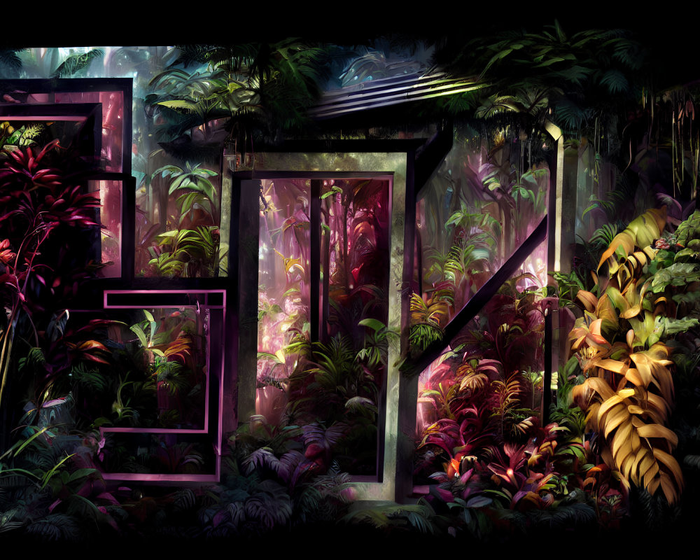 Colorful digital artwork: Jungle elements meet neon shapes