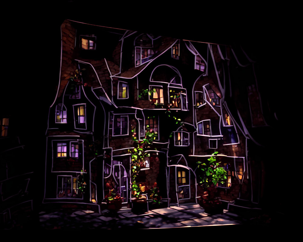 Distorted whimsical building at night with warm interior lights and facade plants