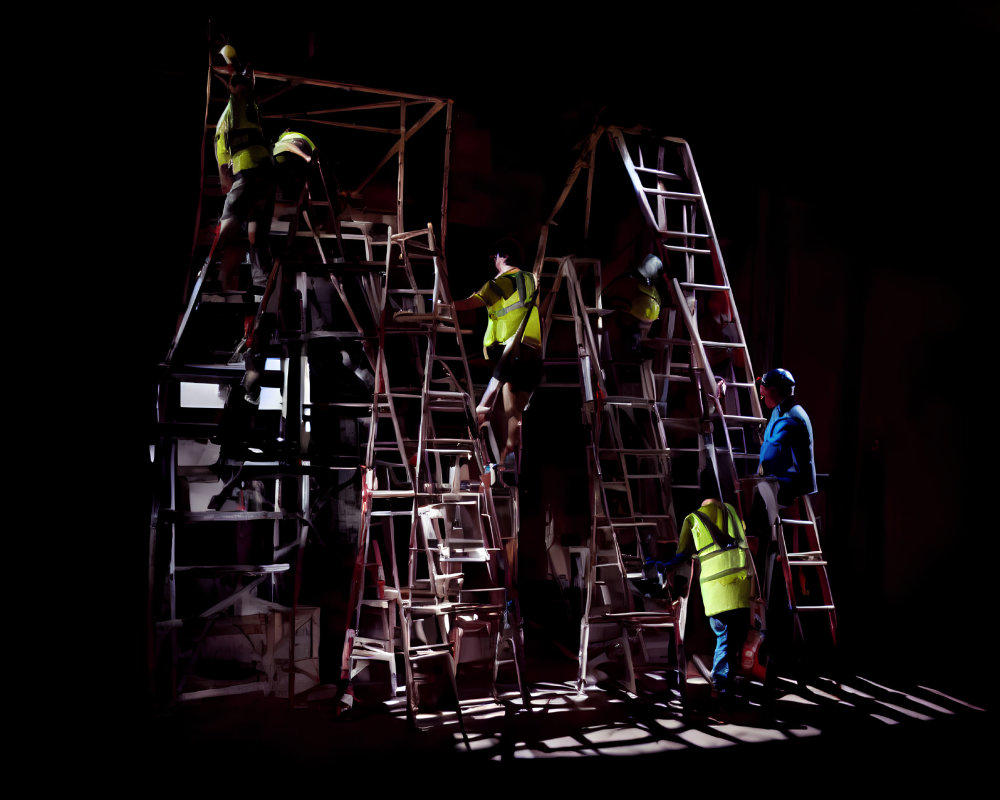 Construction workers in safety gear on scaffolding and ladders in dramatic lighting.