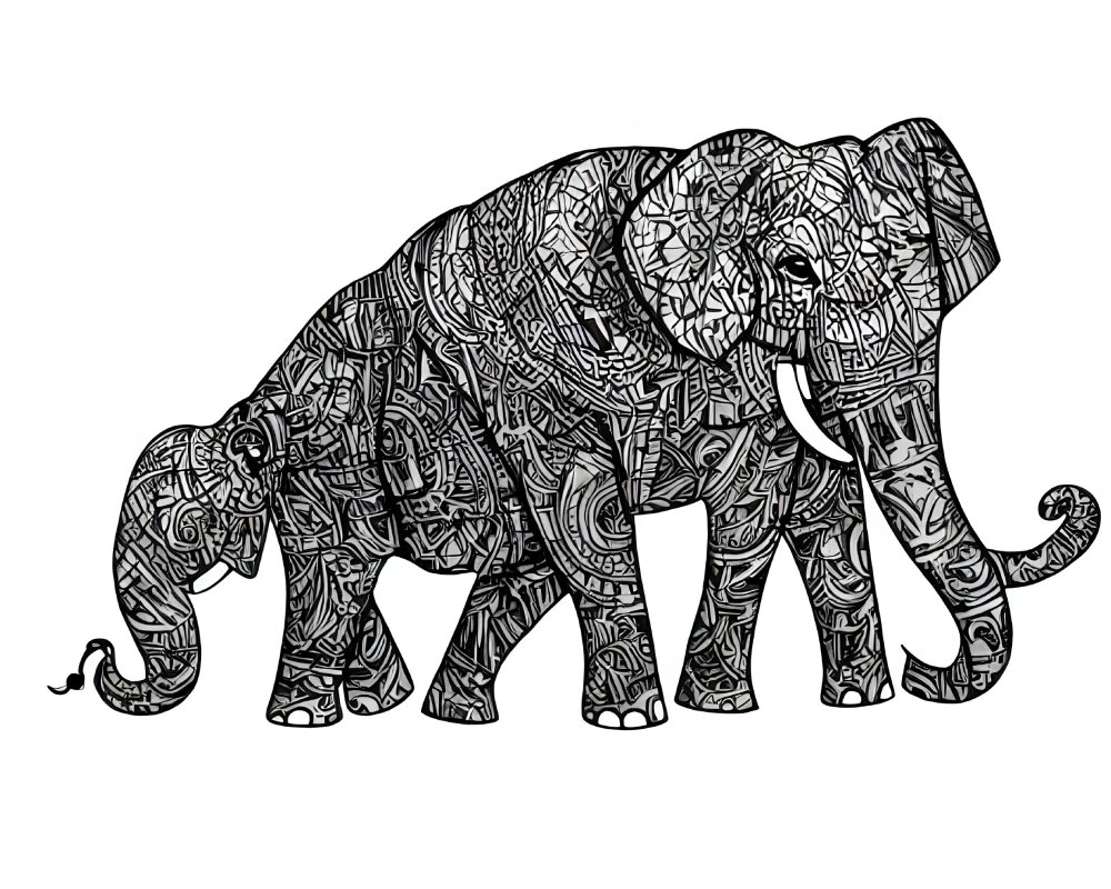 Detailed Elephant Illustration with Intricate Patterns and Geometric Shapes