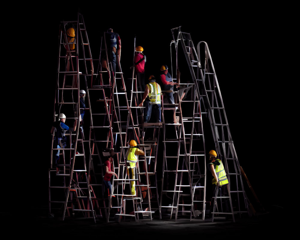 Workers in Safety Gear Climbing Ladders on Dark Background