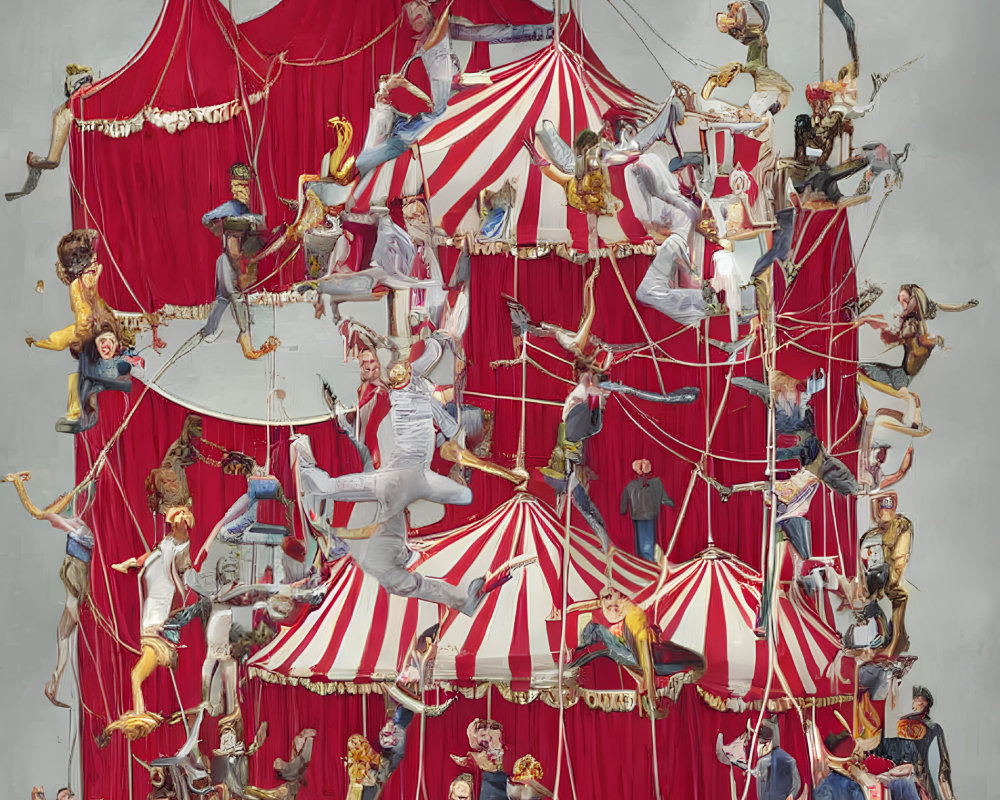 Whimsical circus performers in acrobatic acts by red and white tents