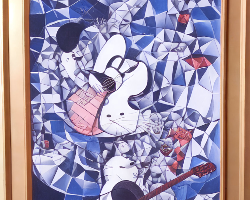 Vertical Cubist-style Mosaic Artwork with Guitar Player and Abstract Shapes