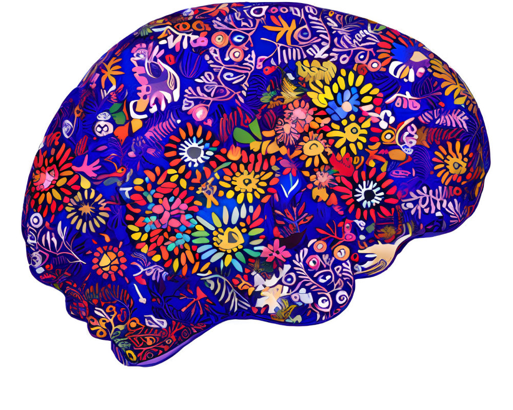 Colorful Floral Pattern Fills Human Brain Illustration