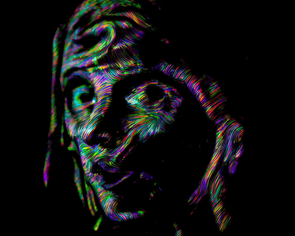 Colorful glitch art digital portrait against black background