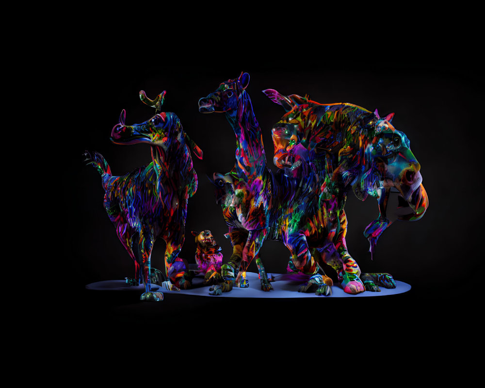 Vibrant neon animal paintings on black background