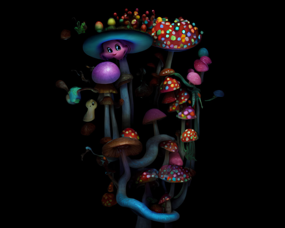 Colorful Stylized Mushroom Cluster on Dark Background