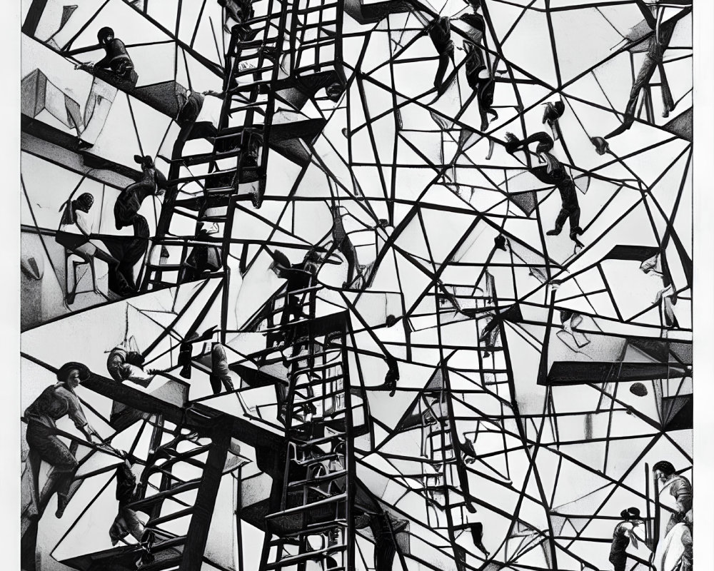 Monochrome artwork of individuals navigating geometric structure