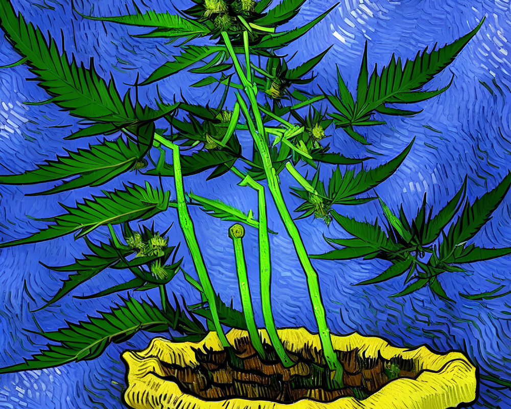 Stylized cannabis plant illustration in yellow pot with bold outlines