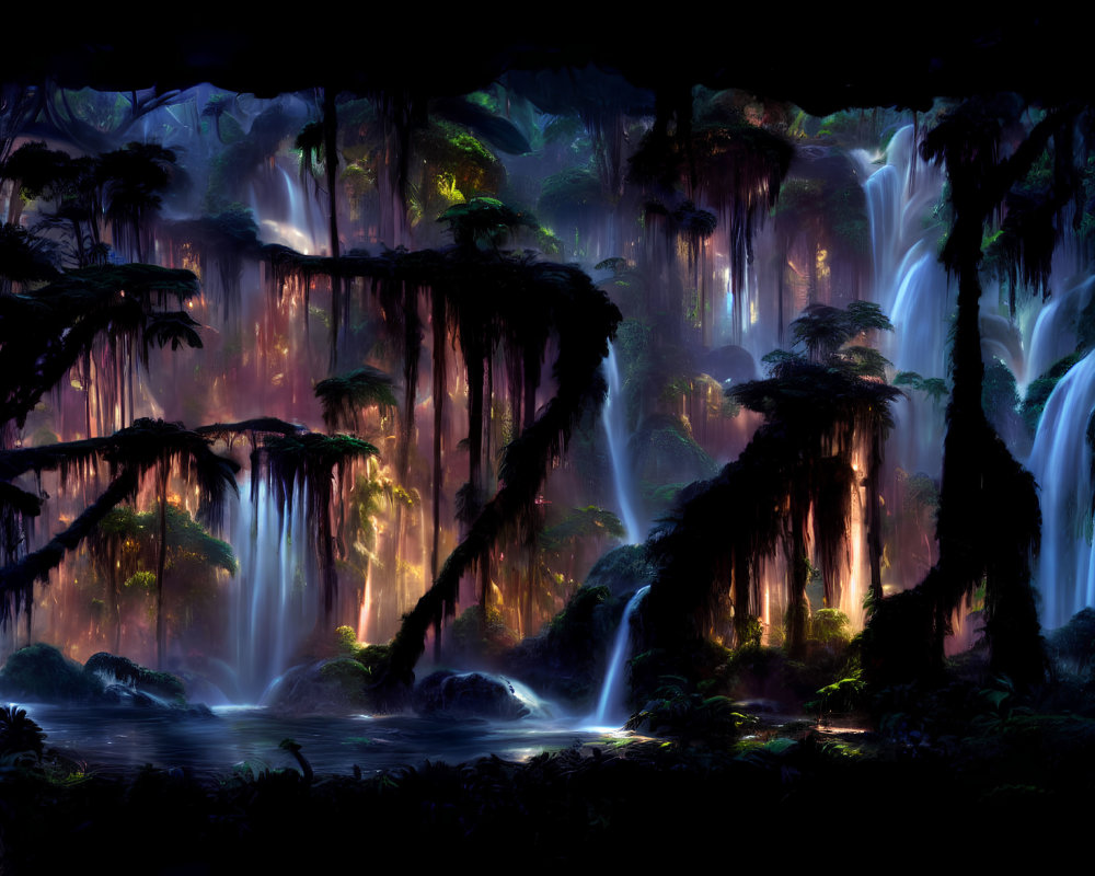 Twilight jungle with waterfalls and glowing reflections