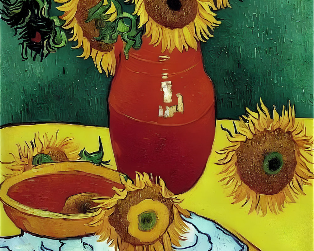 Bright Sunflowers Still Life Painting with Red Vase