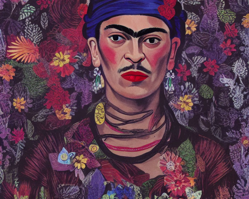 Illustrated portrait of a woman with floral headpiece and unibrow against lush flora.