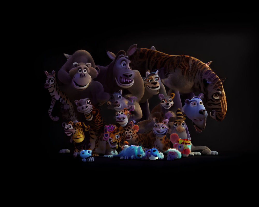 Animated Madagascar Movie Characters Posing Together on Dark Background